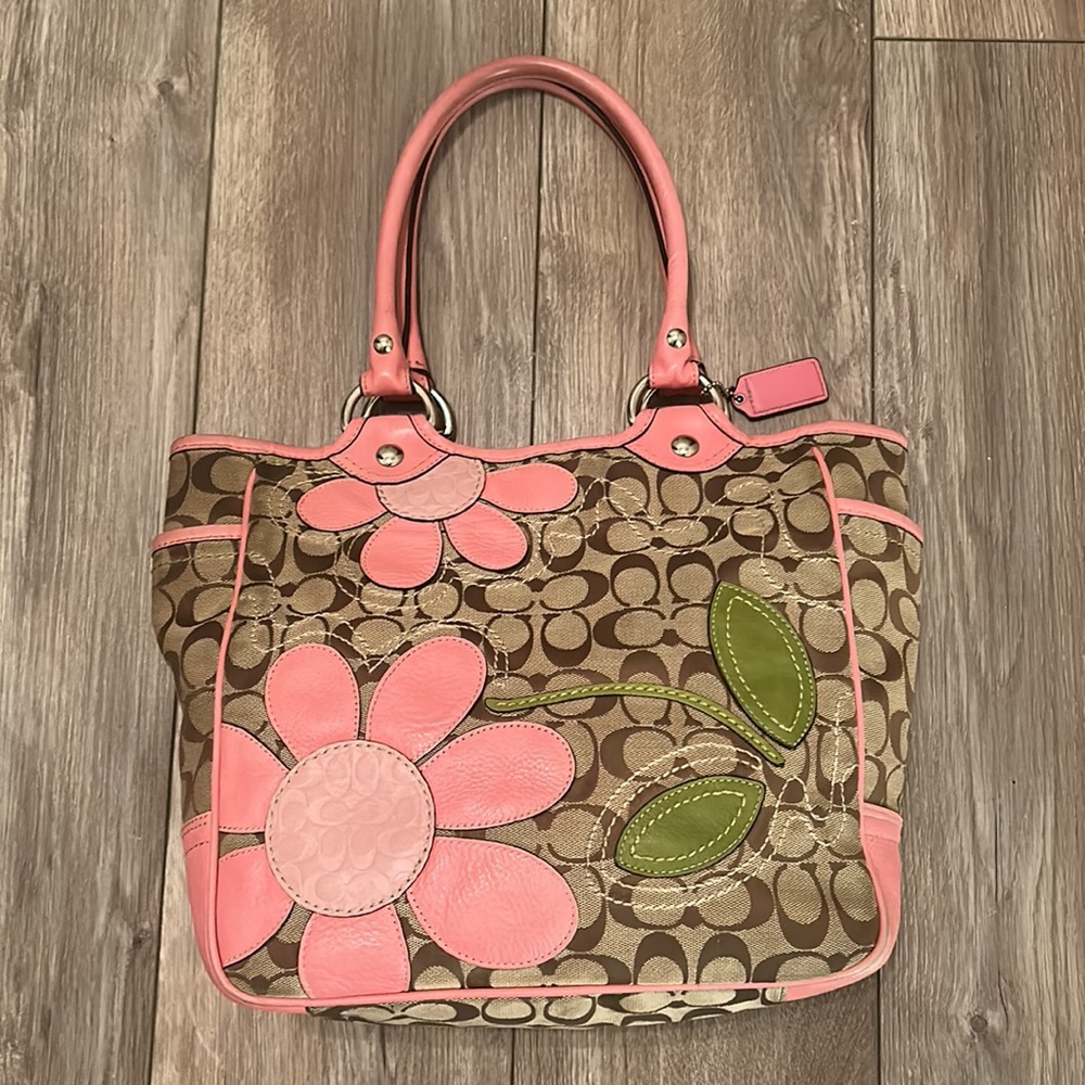Small Pink and Canvas Coach Tote in very good condition.